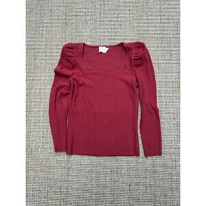 🍒 Nation LTD Ribbed Square Neck Puff Shoulder Top | S | Brick Red